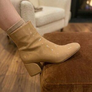 Nude Patent Square Toe Ankle Boots | Retro Block Heel Booties
